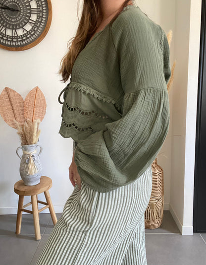 Blouse en gaze de coton kaki