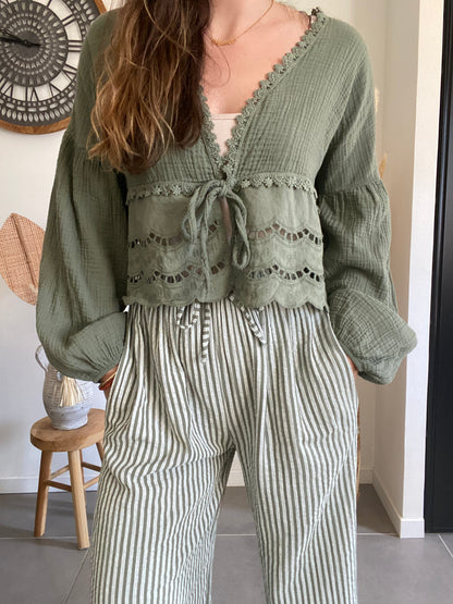 Pantalon fluide à rayures kaki