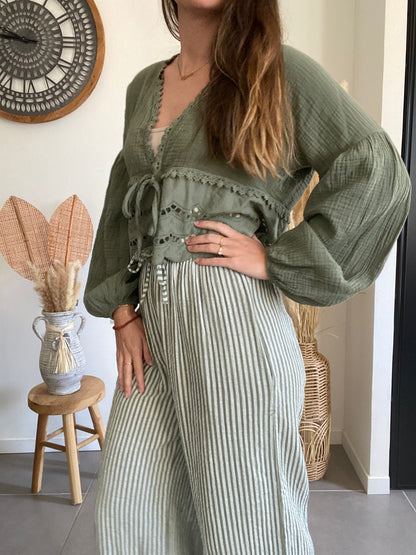 Pantalon fluide à rayures kaki