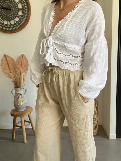 Pantalon en gaze de coton beige