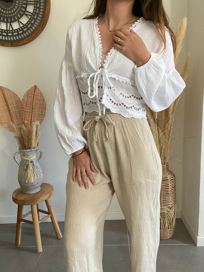 Pantalon en gaze de coton beige