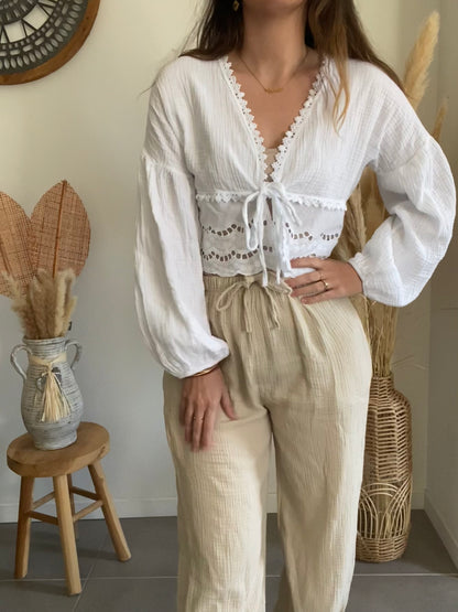 Pantalon en gaze de coton beige